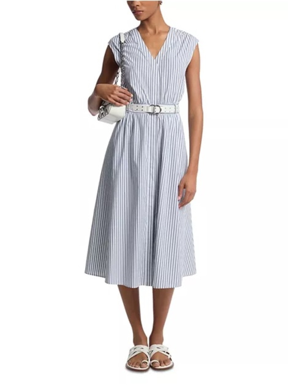 Michael Kors Striped Poplin V-Neck Midi Dress Large